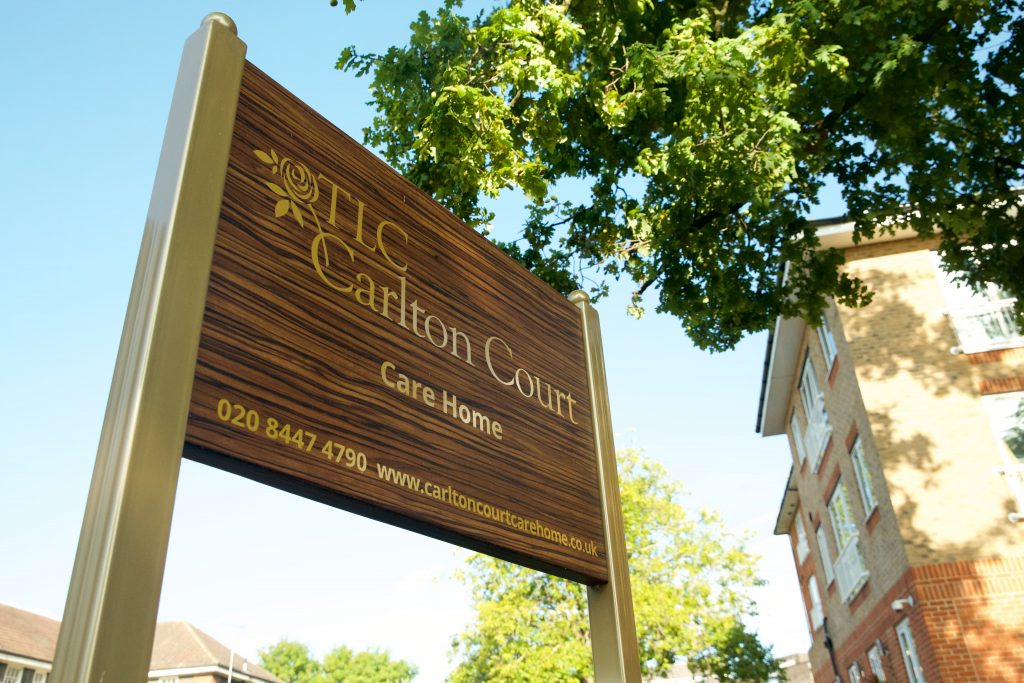 Bells Hill Carlton Court Care Home by TLC Care entrance signage